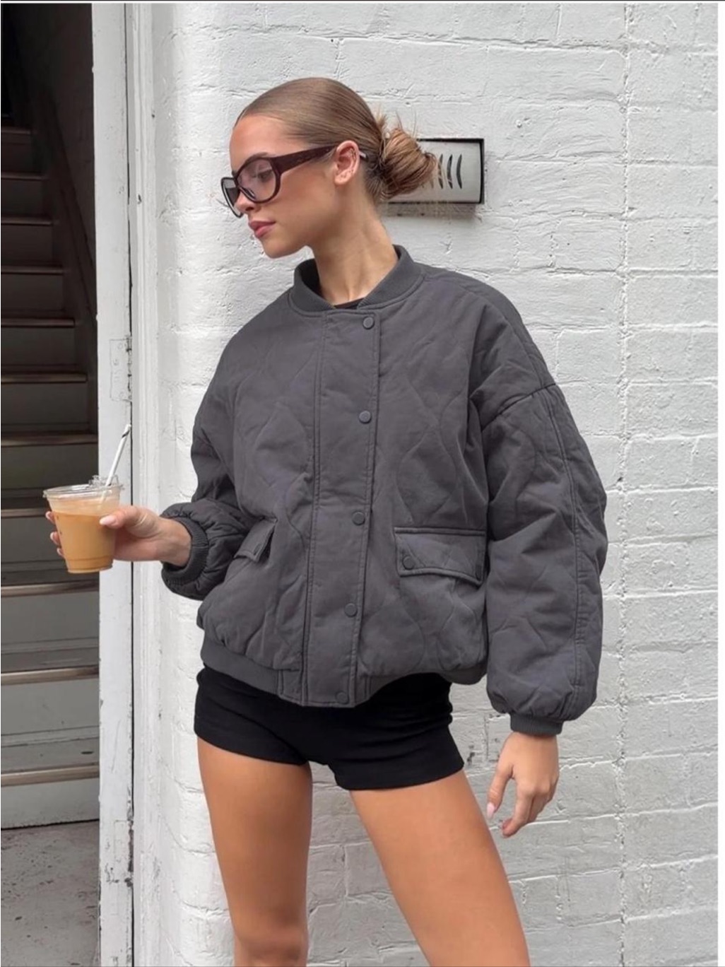 Princess Polly Oversized Quilted Bomber Jacket - Charcoal Gray